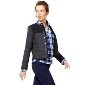 J. Crew Cropped Quilted Herringbone Jacket Size 10 Blue Gray Cotton Blend